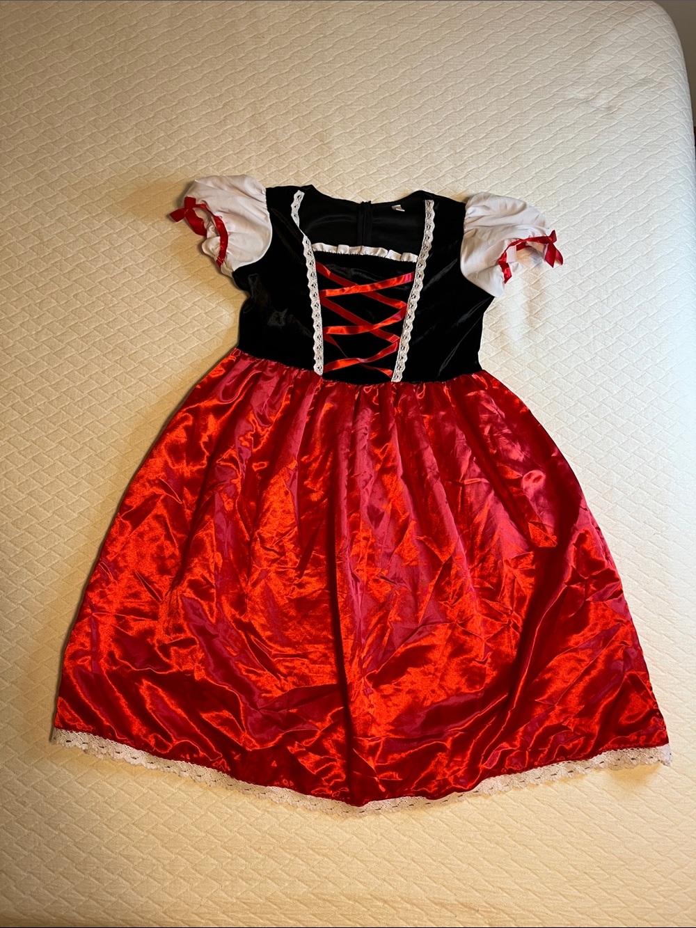 Red Riding Hood/German Halloween Dress w/White Puff Sleeves, satin skirt, 150